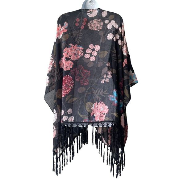 MUDD Fringes Kimono Top Cover Up One Size Floral Open Front 3/4 Sleeves Black - Picture 2 of 3